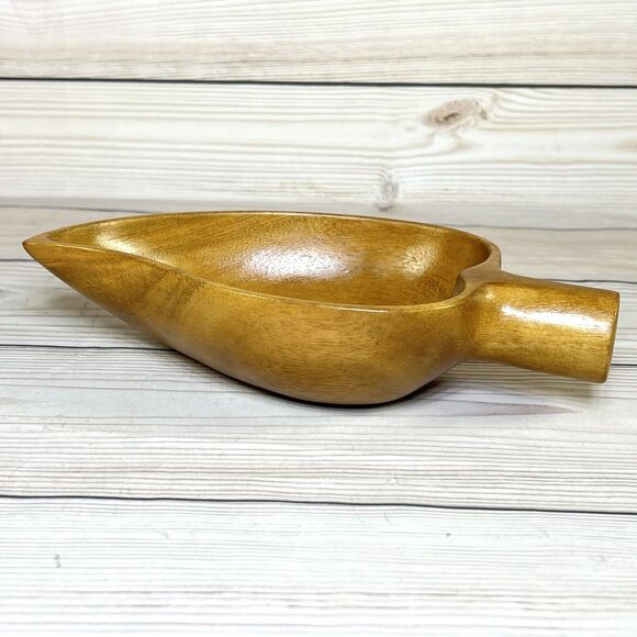 Vintage Wooden Leaf Shape Monkey Pod 9.5” Wood Bowl Nut Dish Scoop Ladle Acorn - Picture 8 of 13